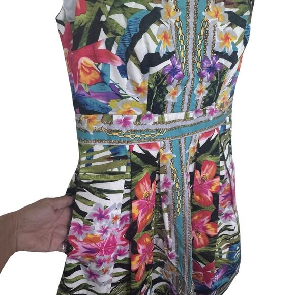 MAGGY LONDON Sleeveless Fit & Flare Short Dress Multicolor Floral Tropical Sz 4 - Picture 4 of 11